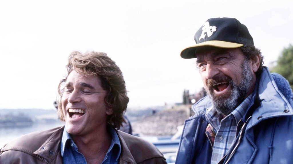 Actors Michael Landon, Victor French on Highway To Heaven set