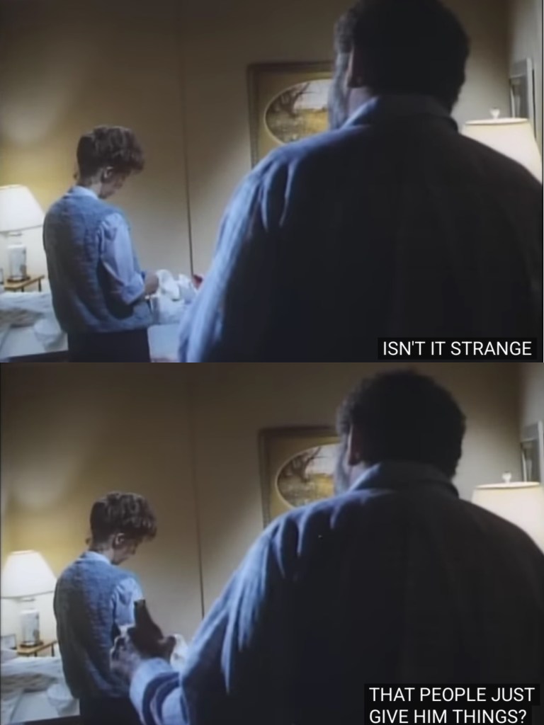 Actor Victor French as Mark Gordon fom Highway To Heaven The Pilot. Text reads: "Isn't it strange that people just gives him things?"